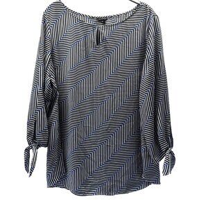 Talbots Womens Top Sz XL Blue Black White Mixed Stripes 3/4 Tie Sleeves Pullover